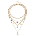 Bohemian multi-layer necklace with gold chains, white pearls, and colorful teardrop charms - 4-Layer Pearl Teardrop Necklace (ZW193)