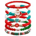 5-piece Christmas beaded bracelet set featuring Santa Claus charms and red clay beads - Red Green White Heishi Multi-Layer Combination (ZW3222)