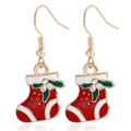 Festive red Christmas stocking drop earrings with white patterns and sparkling rhinestones - Christmas Sock (ZW3351-13)