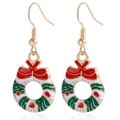 Christmas wreath earrings with red bow and green enamel finish in golden hooks - Christmas Wreath (ZW3351-16)