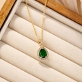 Water-drop gold necklace with emerald green stone and sparkling zircon border - Green