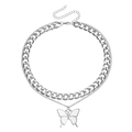 Collar de doble capa plateado con colgante de mariposa y cadena de eslabones cubanos - Estilo de Colgante de Mariposa Blanca (ZW2896) / Color acero