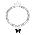 Collar de doble capa con cadena cubana plateada y colgante de mariposa negra con cierre - Estilo de Colgante de Mariposa Negra (ZW2895) / Color acero