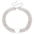 Silver multi-layer rhinestone choker featuring five rows of crystals and hollow heart pendant - Multi-Row Style / Silver/White Zircon