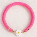 Handmade pink polymer clay beaded bracelet with white daisy charm and gold accents - Rose Red