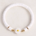 Bohemian white heishi clay bead bracelet with a daisy flower pendant and gold accents - White