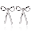 Silver bow ribbon earrings in polished metal finish with long dangling tassels - Shiny Tassel Bowknot Style (ZW1546 Steel)