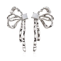 Silver bow earrings with square white gemstone and hammer texture finish - Hammered Texture Tassel Bow Style (ZW1744 Steel)