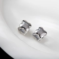 Vista macro di orecchini a quadrifoglio in argento lucido con incisione S925 - 14x14mm / Argento