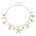Bohemian gold beach body chain with pearls, starfish charms and natural seashells - Gold