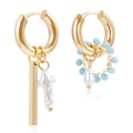 Bohemian gold hoop earrings with asymmetric blue beads and white pearls set - Blue