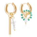 Asymmetric gold geometric earrings with green crystal beads and cross pearl charms - Green