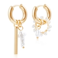 Asymmetric gold hoop earrings featuring elegant white pearls and a classic cross pendant - Clear White