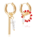 Asymmetric gold hoop earrings with red beads and white baroque pearl cross charms - Red