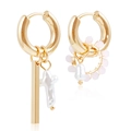 Asymmetric gold earrings with baroque pearl cross and pink crystal beads details - Pink