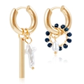 Asymmetric gold hoop earrings with baroque pearl and blue crystal bead charms - Ink Blue