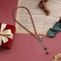 Detailed view of gold Christmas necklace with green heart, red stocking, and bells charms - Heart Tag Style (ZW2594)