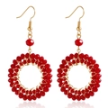 Fashionable red beaded hoop earrings featuring gold wire weaving for women - Red