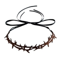 Gothic brown choker necklace with thorn design and black ribbon tie on white background - Brown