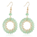Mint green beaded round hoop earrings with golden wire and vintage crystal accents - Cyan