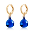 Christmas gold hoop earrings with polished blue bell pendants and heart cut-outs - Blue