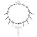 Punk silver thorn choker necklace with metallic rivets and a hollow cross pendant - Silver Barbed Wire Spike Cross (ZW2983)