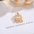 Detailed view of a golden Ruyi lock pendant with white zircons and three small bells - Ruyi Lock-Gold