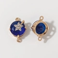 Golden round jewelry connector with deep blue faceted gemstone and starry zircon accents - Dark Blue