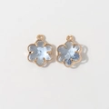 Close-up of 12mm light blue floral charms with gold plated borders and hanging loops - Gray