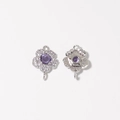 Pendentif fleur violette élégant avec cristaux et base en argent, vues recto et verso - Violet