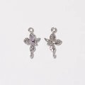 Detailed front and back view of flower charms with purple and white zircon inlays - Purple