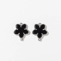 Pair of black enamel flower pendants with silver beaded edges and dual jump rings - Black