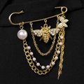 Elegant gold bee and butterfly safety pin brooch with white pearls and sparkling crystals - Bee Butterfly Artificial Pearl Safety Pin Brooch / Gold Safety Pin Combination (5631)
