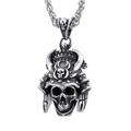 Colgante calavera samurái estilo biker en plata vintage con cadena trenzada - Color Acero