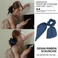 Deep blue denim ribbon bow scrunchie for women hair styling in vintage fashion style - Bow With Long Streamers Style / Light Blue