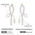Waterproof stainless steel bow earrings made of white pearls with gold diamond studs - Long Artificial Pearl Bowknot Drop Earrings (JDEW2410031)