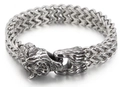 Vintage stainless steel woven chain bracelet featuring a detailed Viking wolf head clasp - F0409 Wolf Head Bracelet