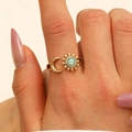 Adjustable gold sun and moon open ring with opal stone set in minimalist style - Sun and Moon Style (G-600) / Antique Gold