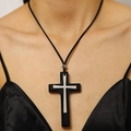 Gothic double-layered wooden cross pendant necklace with black cord worn by a model - Black (6889)