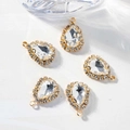 Five gold pear-shaped crystal pendants with white diamond halo for DIY jewelry making - White