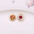 Golden copper pendant with large square orange crystal and sparkling diamond halo - Amber (D6-722)