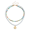 Double-layer bohemian necklace with colorful beads, pearls and shell pendant - Scallop Pendant