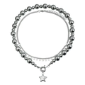 Double-layered silver metal necklace featuring star pendants and beaded chain for women - Necklace