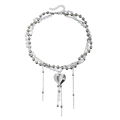 Collana a strati con perle finte e argento con ciondolo a cuore e frange metalliche - Colore acciaio
