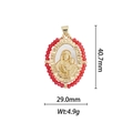 Detailed size view of a 18k gold-plated religious pendant with beads and dimensions - Red Beaded Oval Virgin Mary Pendant (DZ332)