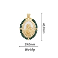 Macro view of 18k gold plated religious pendant with green beads and size dimensions - Dark Green Beaded Oval Virgin Mary Pendant (DZ334)
