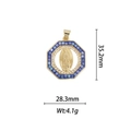 Detail view of 18k gold plated Virgin Mary pendant with measurements 35.2mm x 28.3mm - Blue Purple Shell Texture Octagon Virgin Mary Pendant (DZ345)