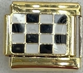 Italian modular charm bracelet link in golden finish with black and white checkered pattern - Black and White Checkerboard (MK-252)