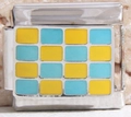 Maillon modulaire italien avec motif damier émaillé jaune et turquoise brillant - Damier Jaune et Turquoise (MK-2309)