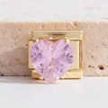 Italian modular charm with pink heart-shaped gemstone on gold stainless steel base - Pink Heart (MK-2258)
